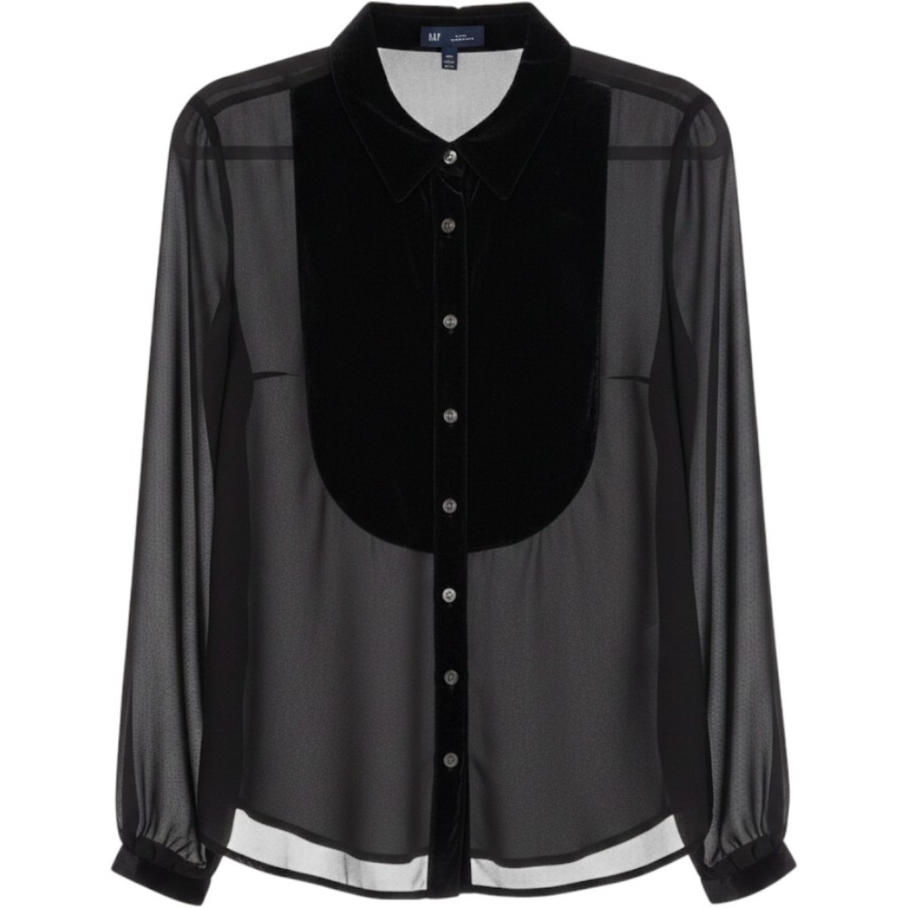 Gap Perfect Shirt Women S True Black Sheer Velvet Trim Tuxedo Blouse Goth Chic